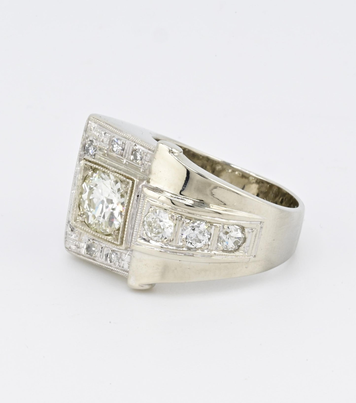 Art Deco GIA 1.00 Carat M Color VS2 Diamond Ring 14K White Gold Ring Size 5.75