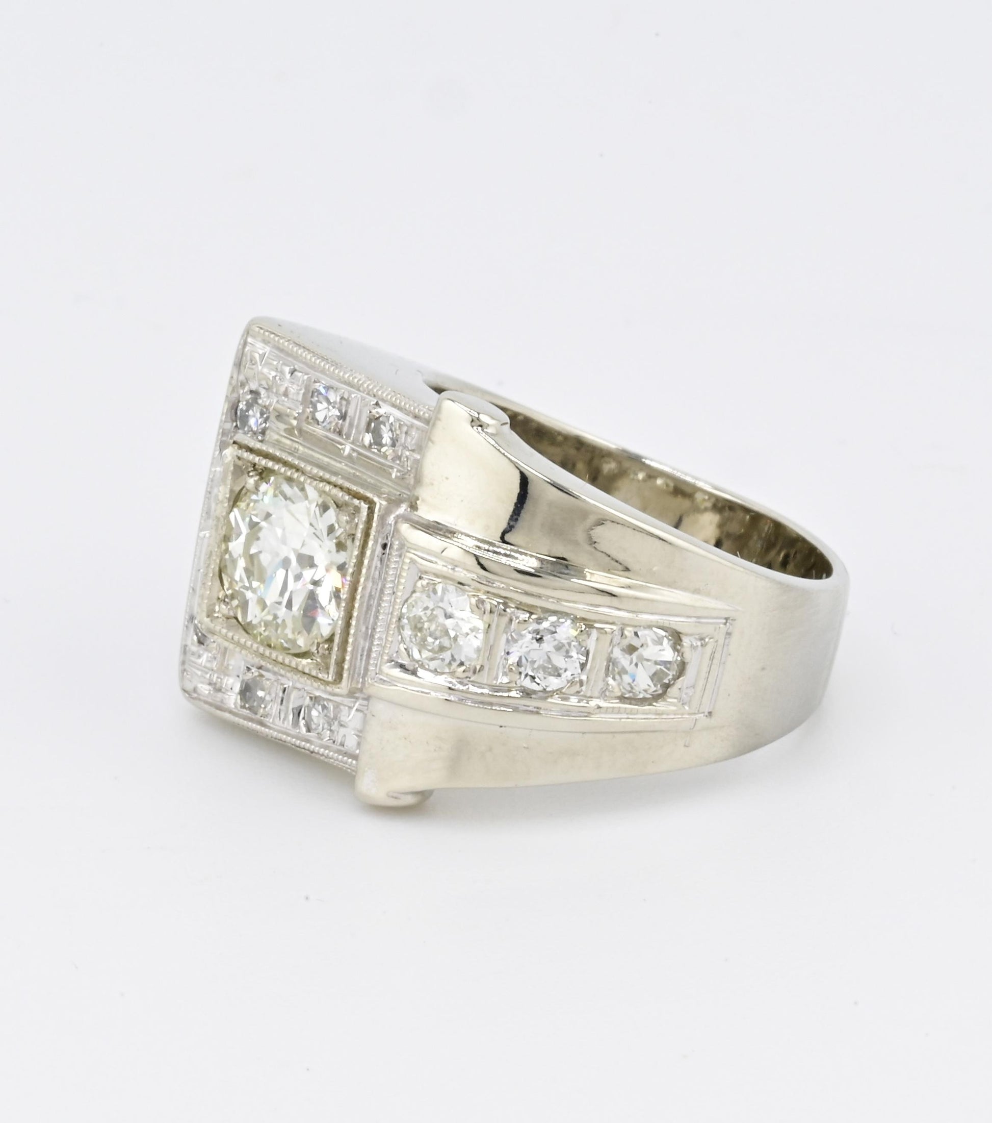 Art Deco GIA 1.00 Carat M Color VS2 Diamond Ring 14K White Gold Ring Size 5.75