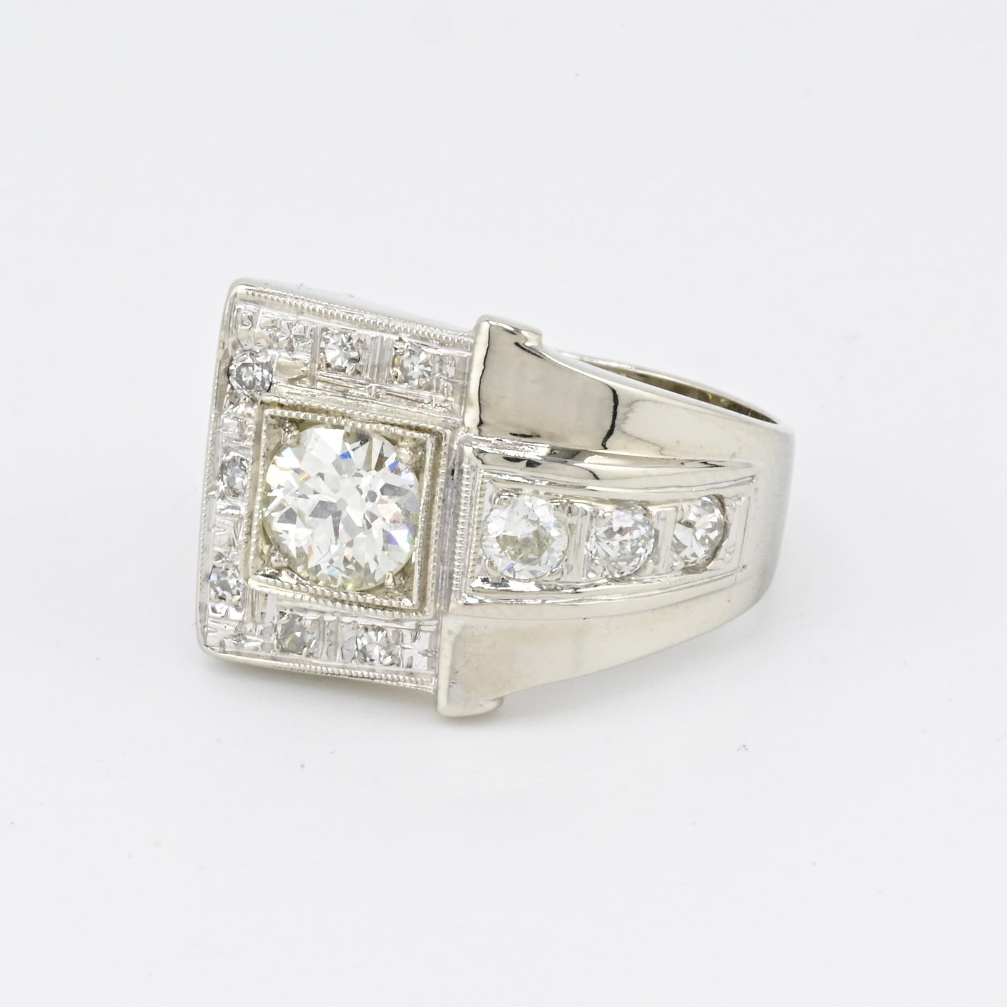 Art Deco GIA 1.00 Carat M Color VS2 Diamond Ring 14K White Gold Ring Size 5.75