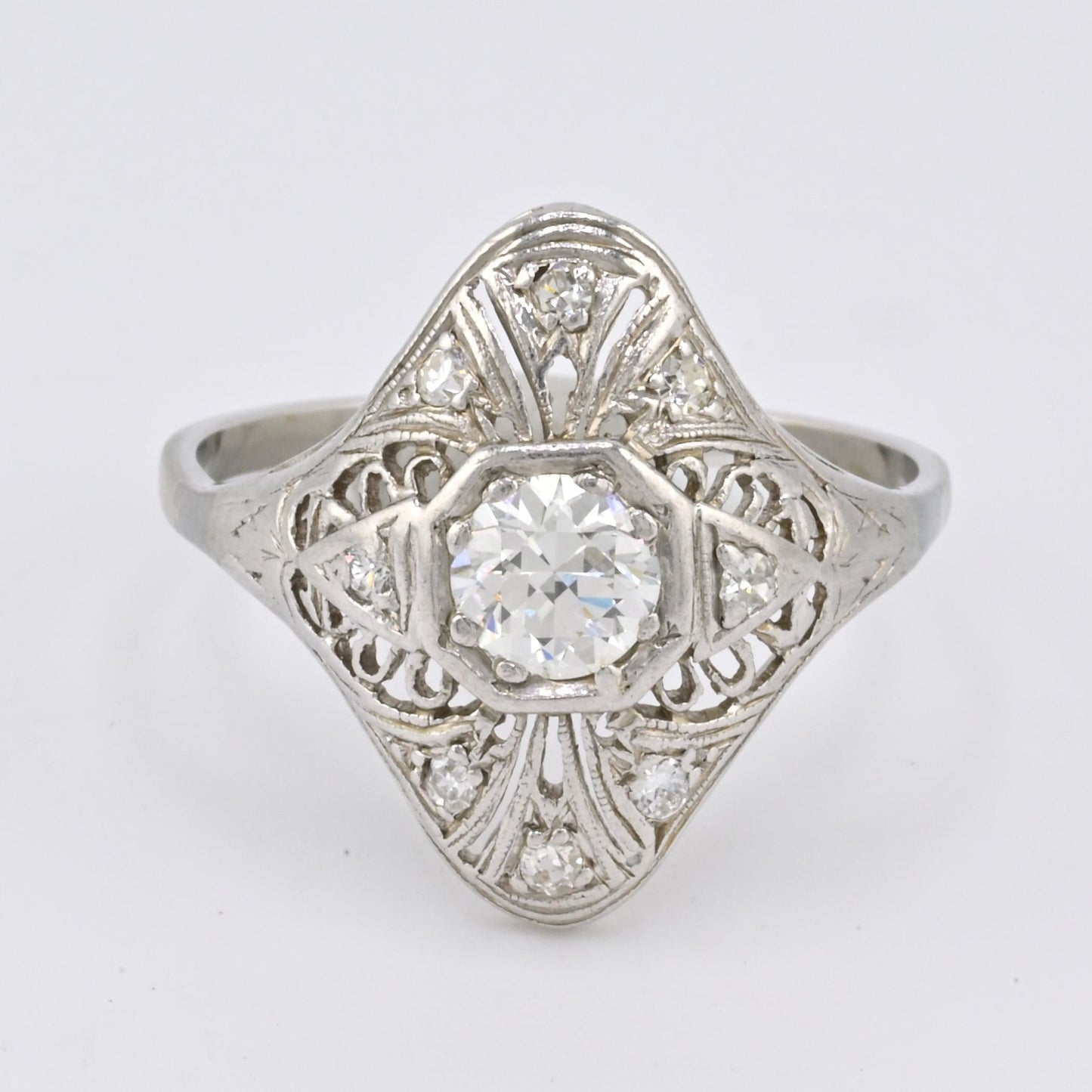 Art Deco Platinum Diamond Ring .50 Carats Center Stone Ring Size 8.75 IGI Cert.
