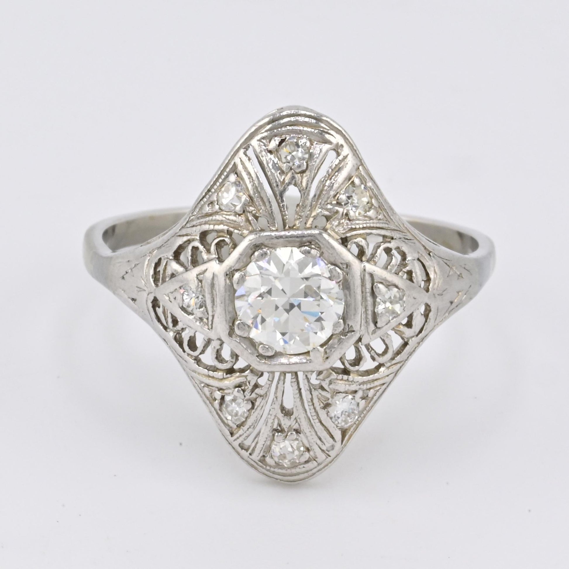 Art Deco Platinum Diamond Ring .50 Carats Center Stone Ring Size 8.75 IGI Cert.