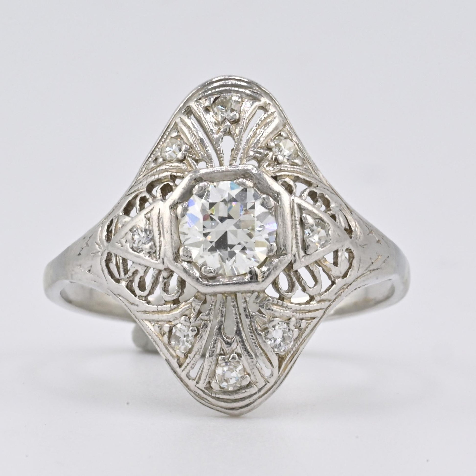 Art Deco Platinum Diamond Ring .50 Carats Center Stone Ring Size 8.75 IGI Cert.