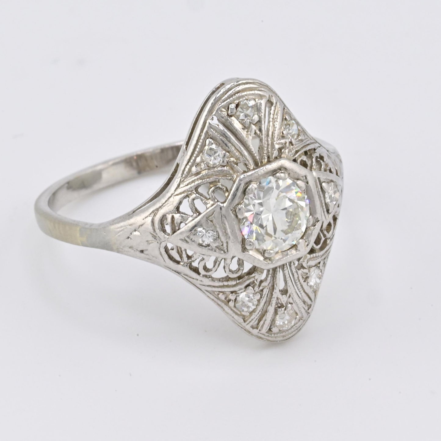 Art Deco Platinum Diamond Ring .50 Carats Center Stone Ring Size 8.75 IGI Cert.