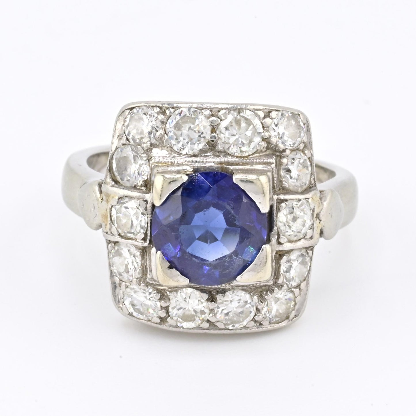 Art Deco 14K White Gold Diamond & Sapphire Ring Size 5 IGI Certified