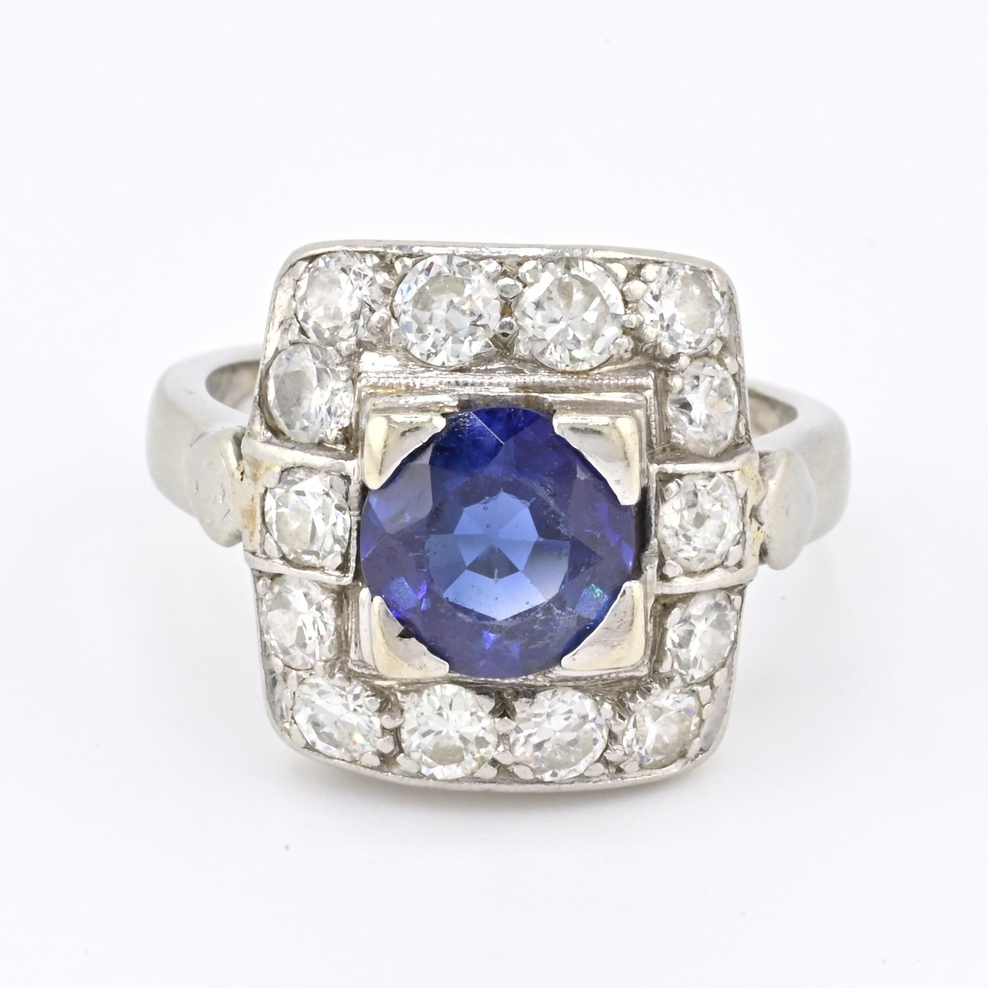Art Deco 14K White Gold Diamond & Sapphire Ring Size 5 IGI Certified