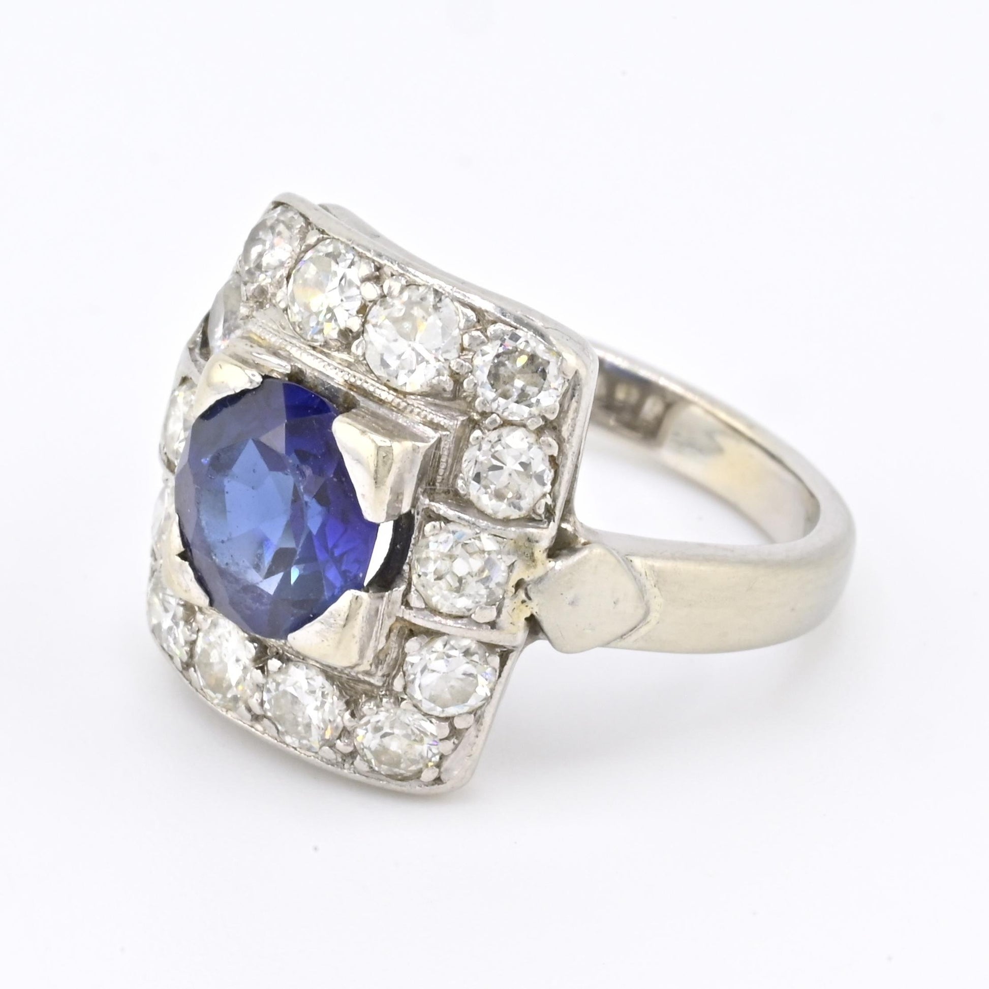Art Deco 14K White Gold Diamond & Sapphire Ring Size 5 IGI Certified