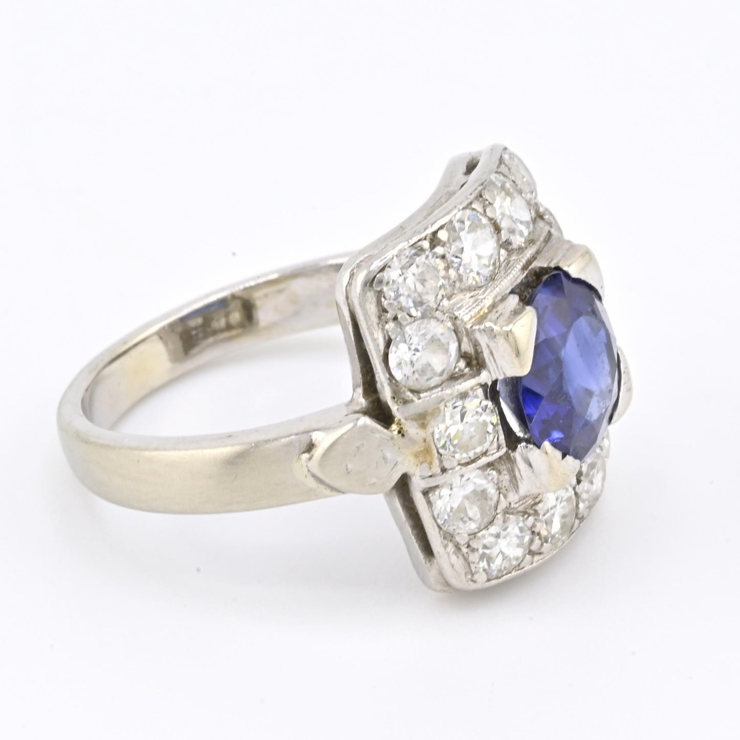 Art Deco 14K White Gold Diamond & Sapphire Ring Size 5 IGI Certified