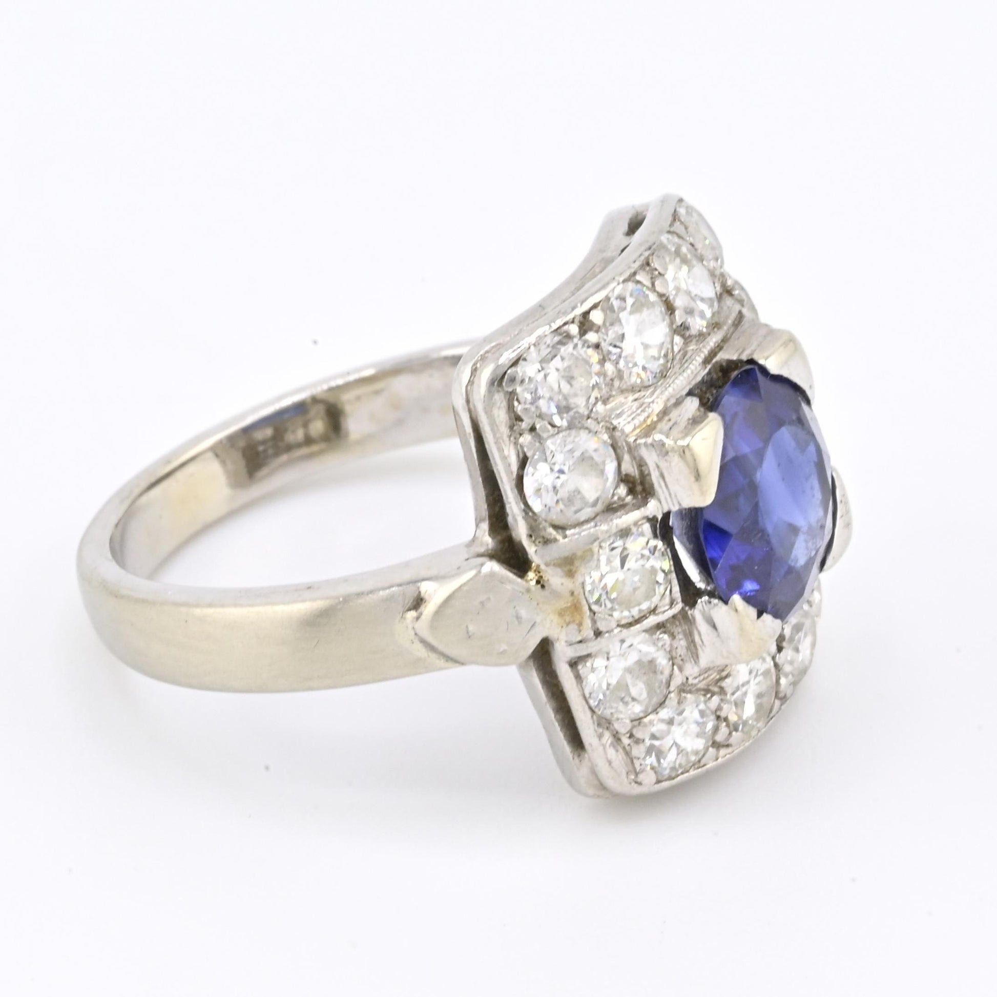 Art Deco 14K White Gold Diamond & Sapphire Ring Size 5 IGI Certified
