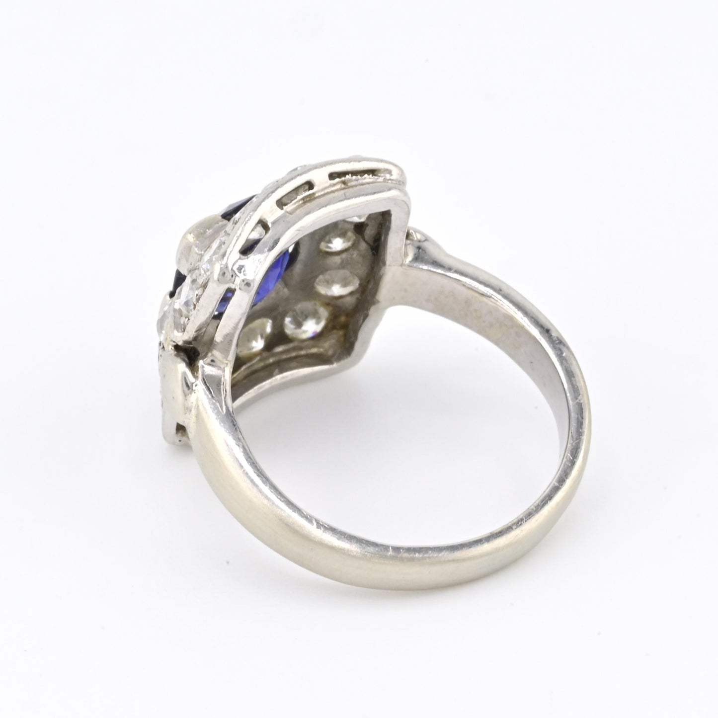 Art Deco 14K White Gold Diamond & Sapphire Ring Size 5 IGI Certified