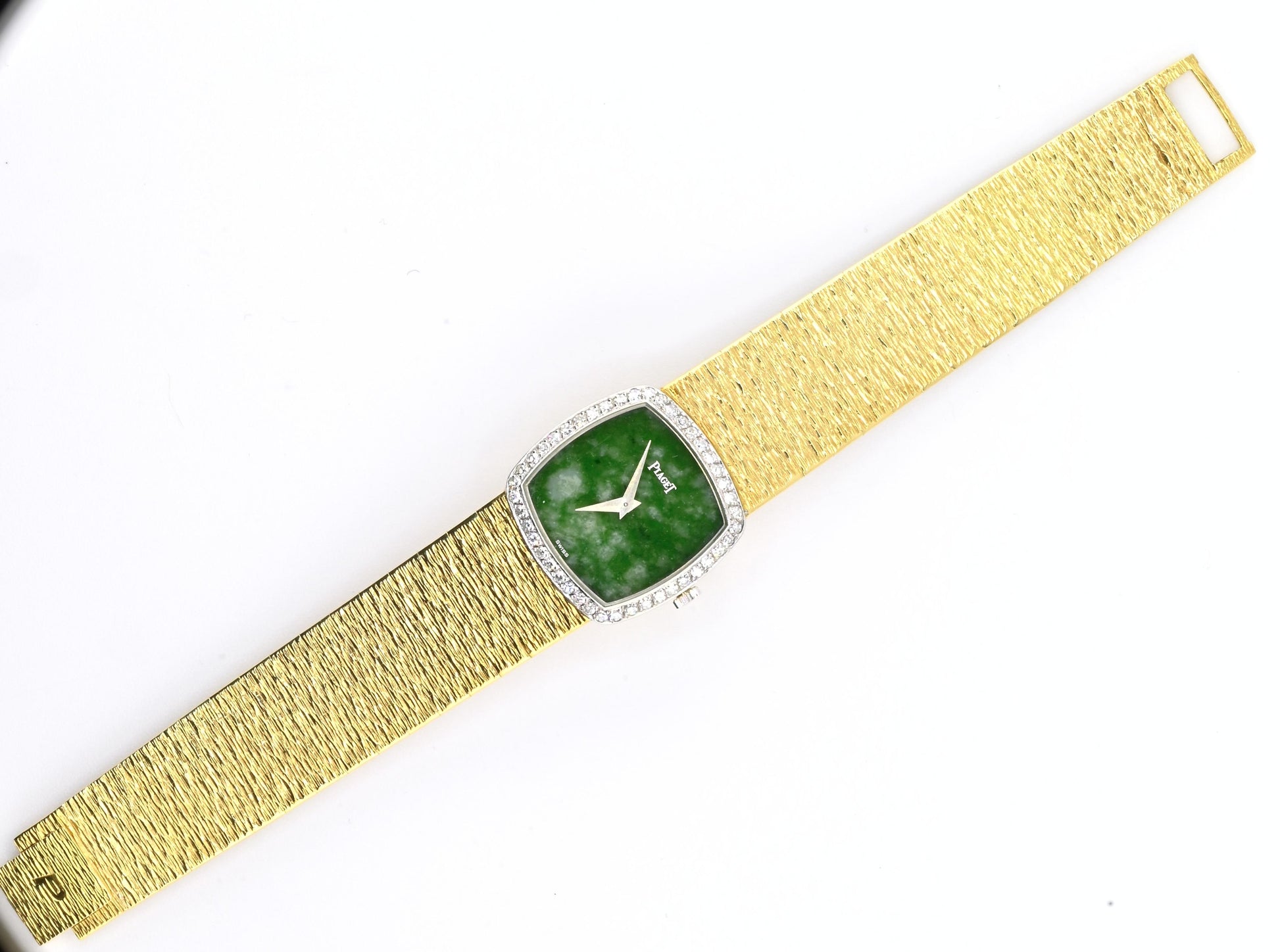 Rare Piaget Jade Dial Ladies Wristwatch 18K Yellow Gold Diamond Bezel 6.5 Inches