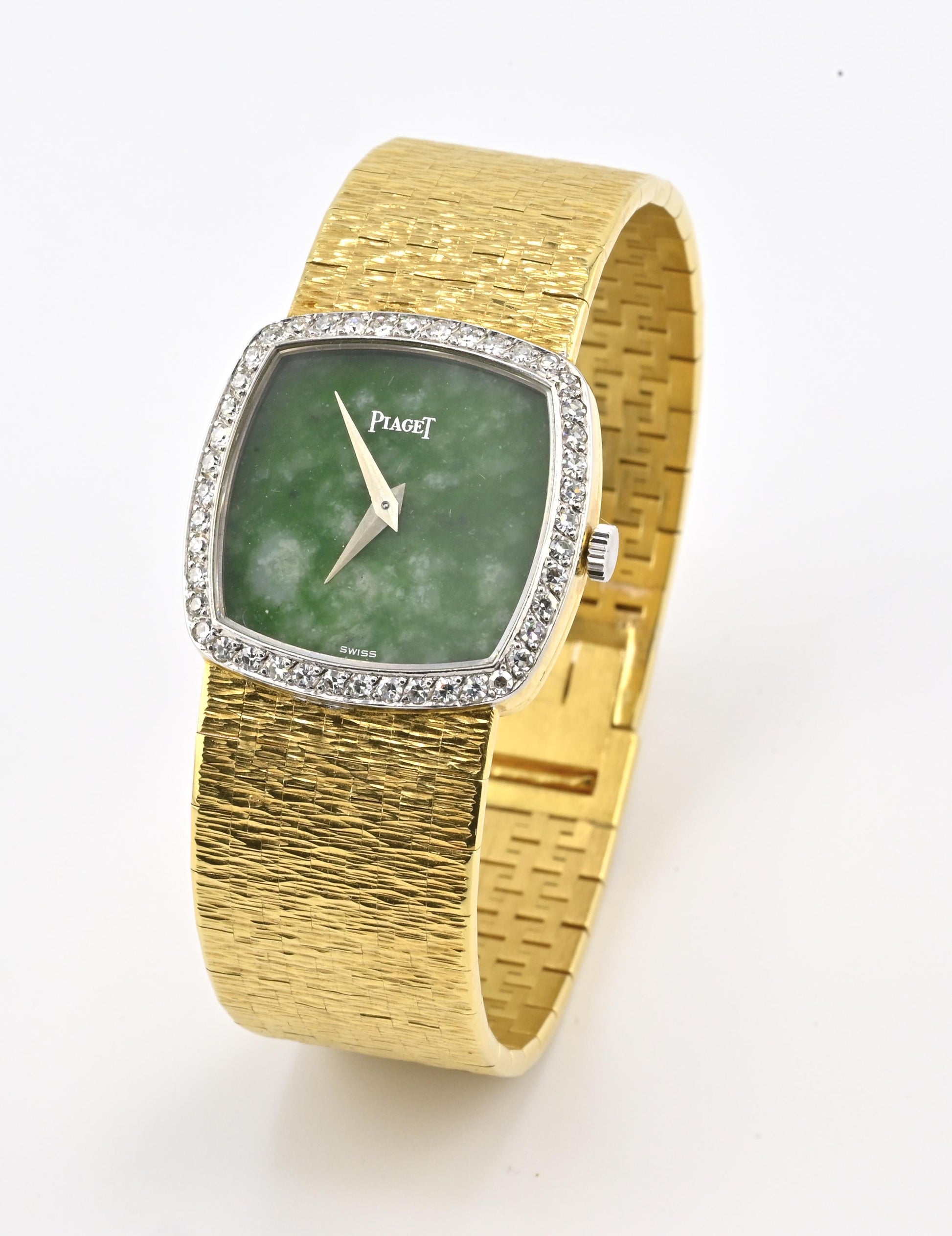 Rare Piaget Jade Dial Ladies Wristwatch 18K Yellow Gold Diamond Bezel 6.5 Inches