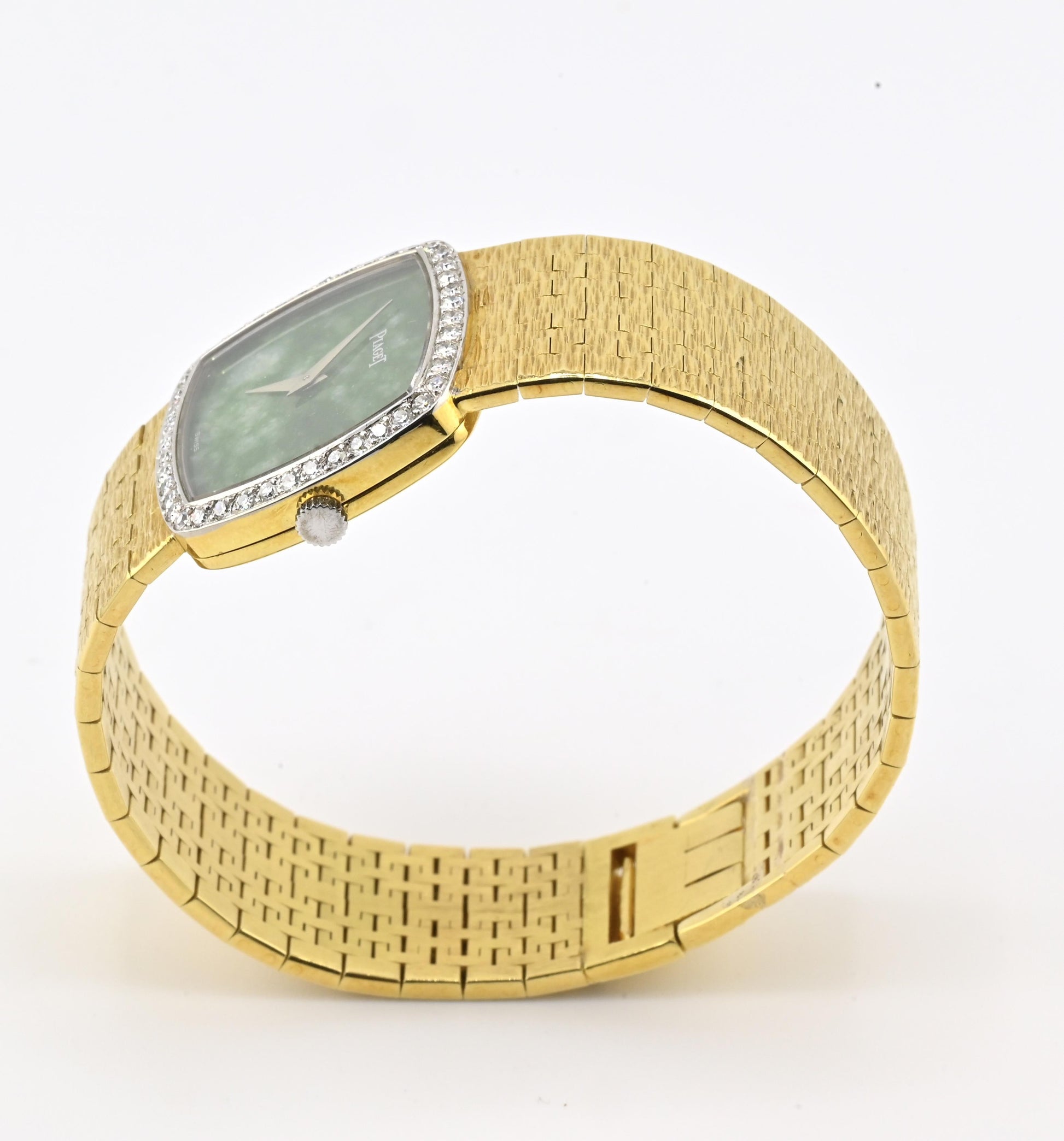 Rare Piaget Jade Dial Ladies Wristwatch 18K Yellow Gold Diamond Bezel 6.5 Inches