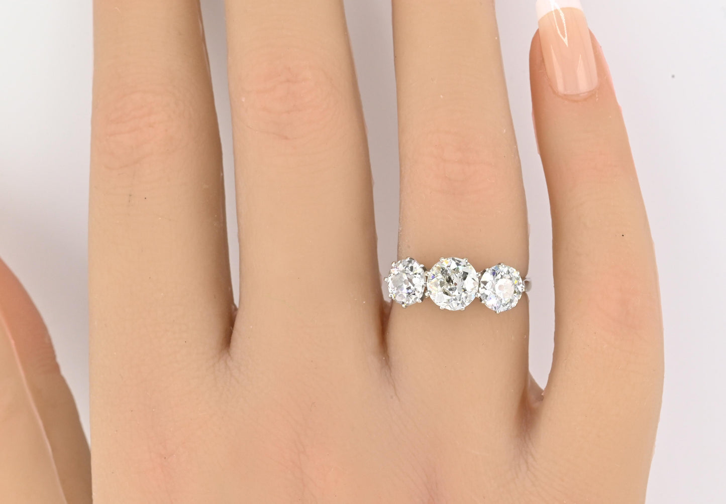 Art Deco 18K White Gold 3-Stone Ring – 3.00ct Old European Cut Diamonds Size 5