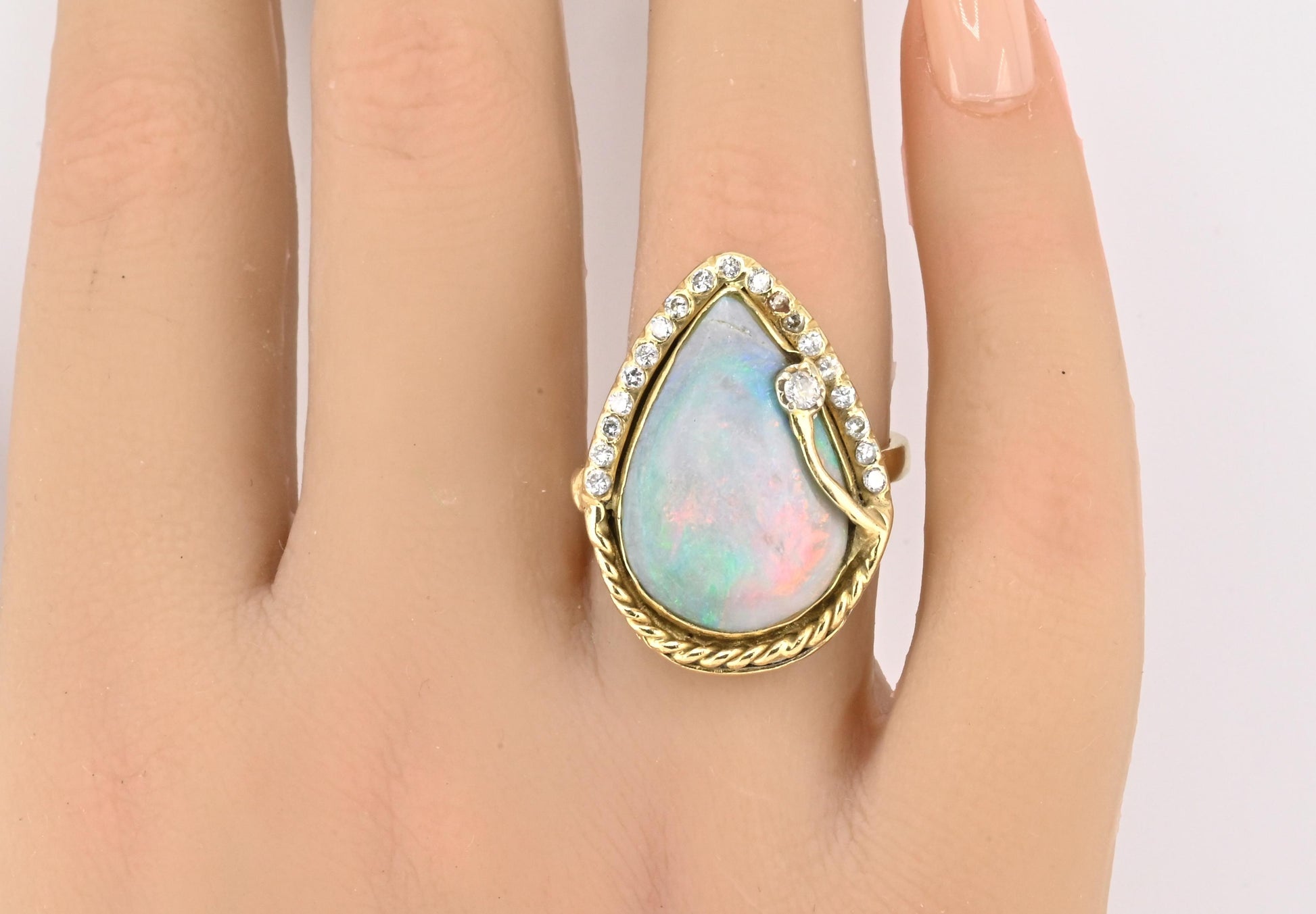 GIA Certified Natural Opal & Diamond 14k Ring – 23x15mm Light Gray Cabochon