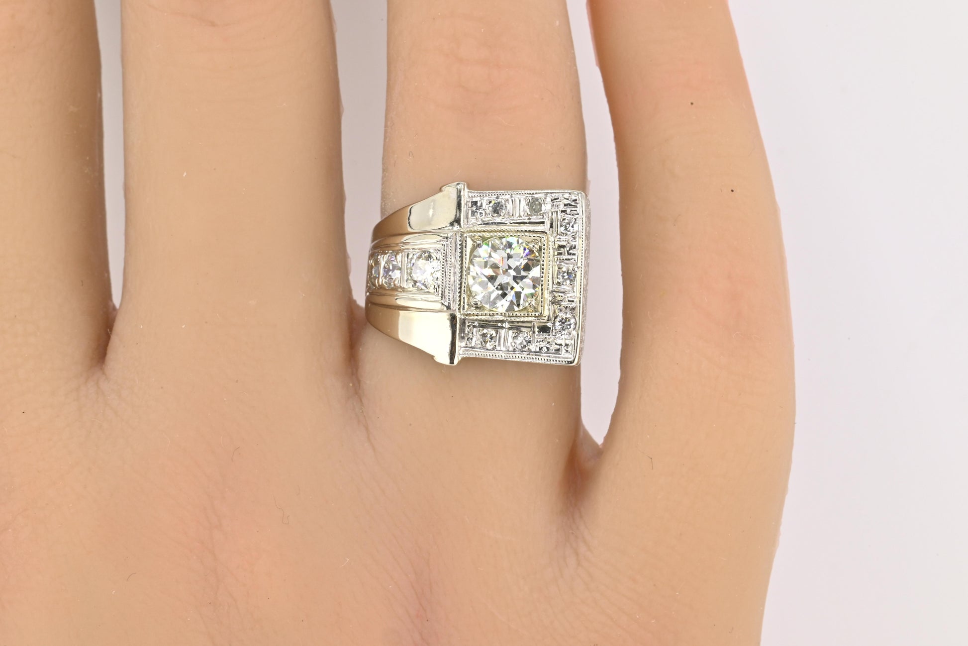 Art Deco GIA 1.00 Carat M Color VS2 Diamond Ring 14K White Gold Ring Size 5.75
