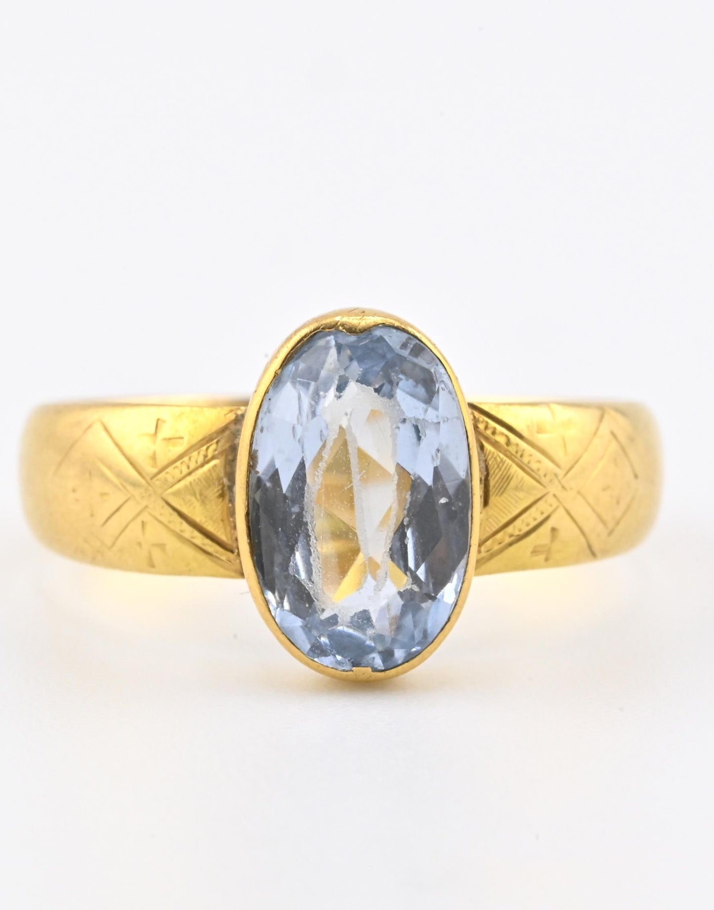 Antique 1800s 18K Yellow Gold Ring w/ Blue Lab-Grown Spinel – Oval Brilliant