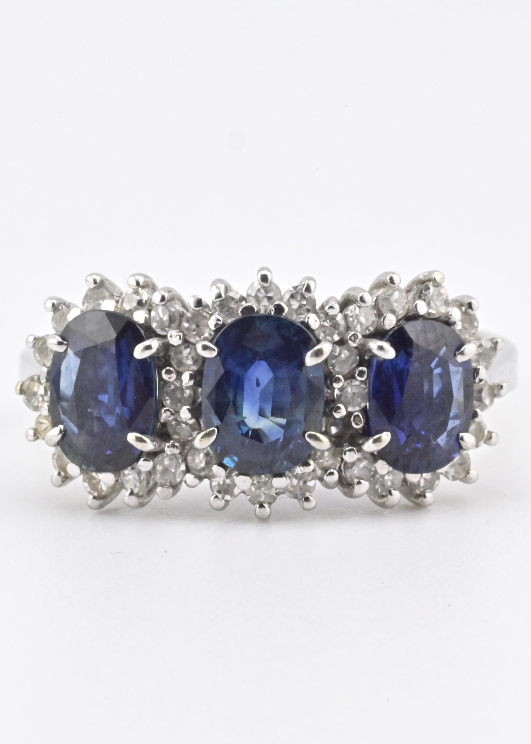 14K White Gold Ring 2.10ct Natural Blue Sapphires & 0.44ct Diamond Accent