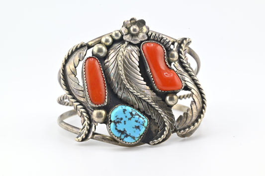 Vintage Navajo Sterling Silver Cuff Bracelet 52.32g Coral & Turquoise