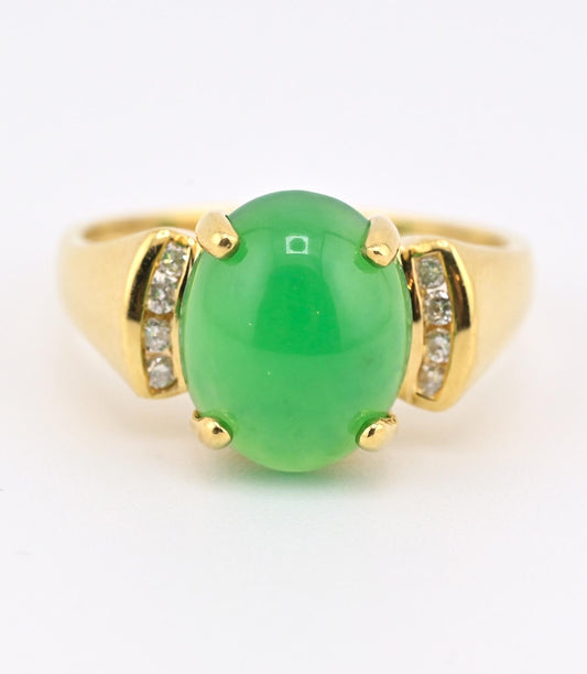 IGI Certified 18K Yellow Gold Chrysoprase & Diamond Ring Size 6