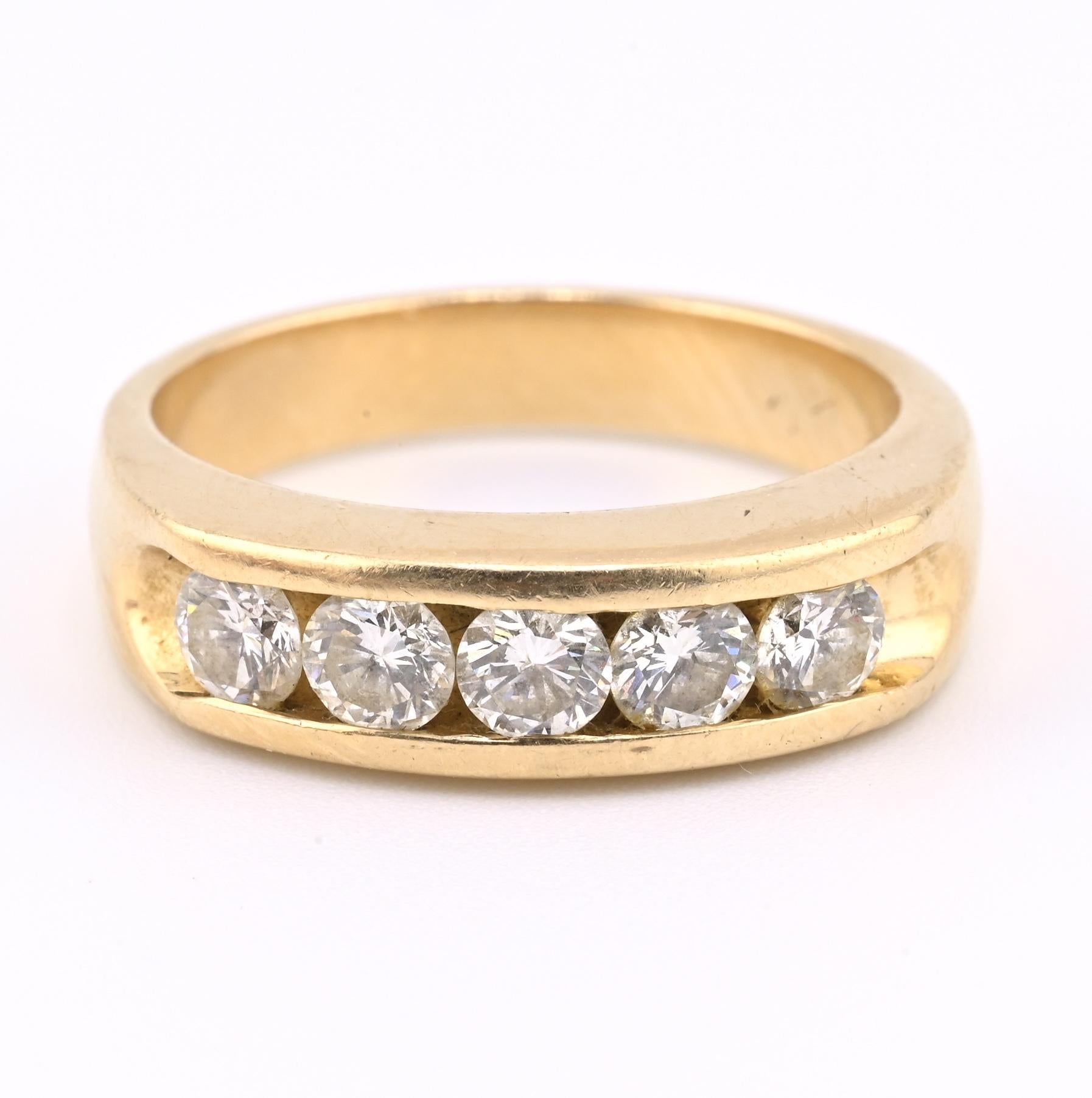 14K Yellow Gold Diamond Band Mens Ring 1.25ctw 5 Round Brilliants 11.44 G