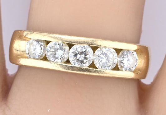14K Yellow Gold Diamond Band Mens Ring 1.25ctw 5 Round Brilliants 11.44 G