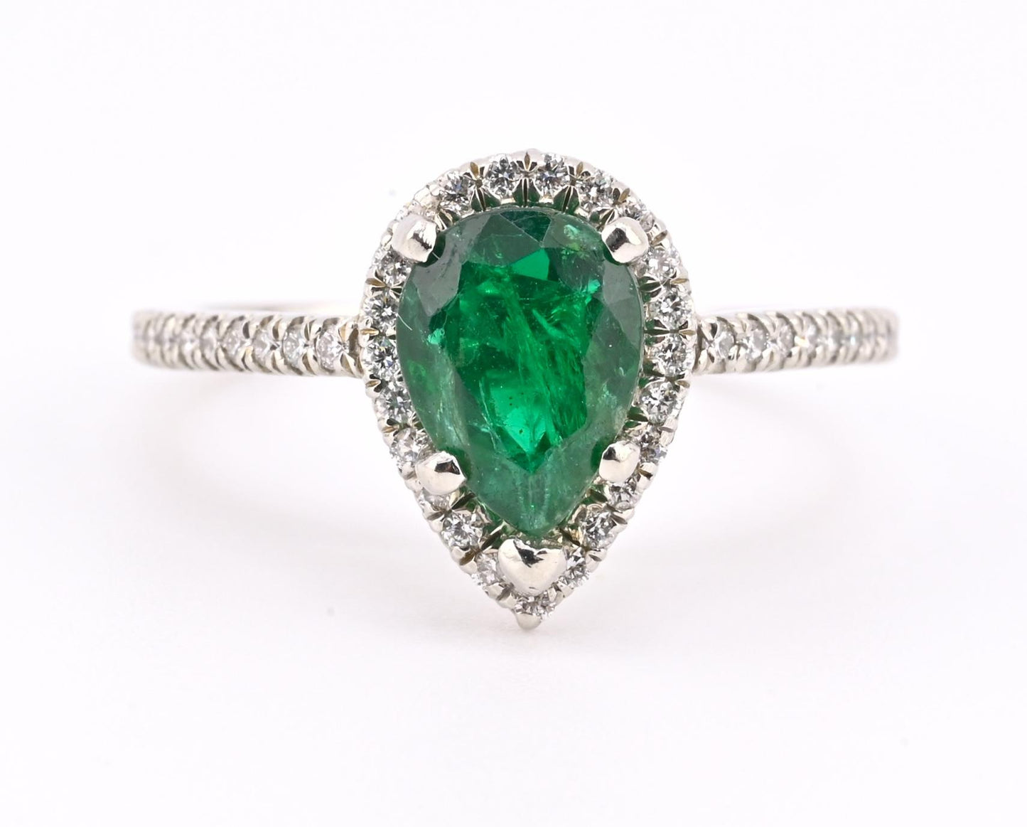 Platinum Pear Cut Emerald & Diamond Halo Ring 1.35ct Ring Size 6.5 IGI Certified