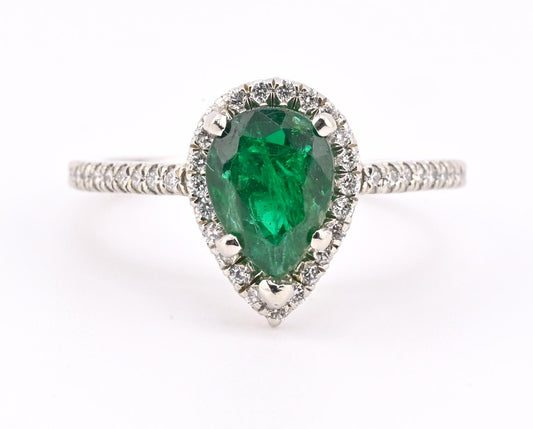Platinum Pear Cut Emerald & Diamond Halo Ring 1.35ct Ring Size 6.5 IGI Certified