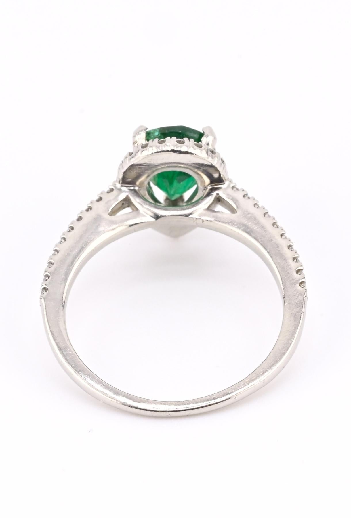 Platinum Pear Cut Emerald & Diamond Halo Ring 1.35ct Ring Size 6.5 IGI Certified