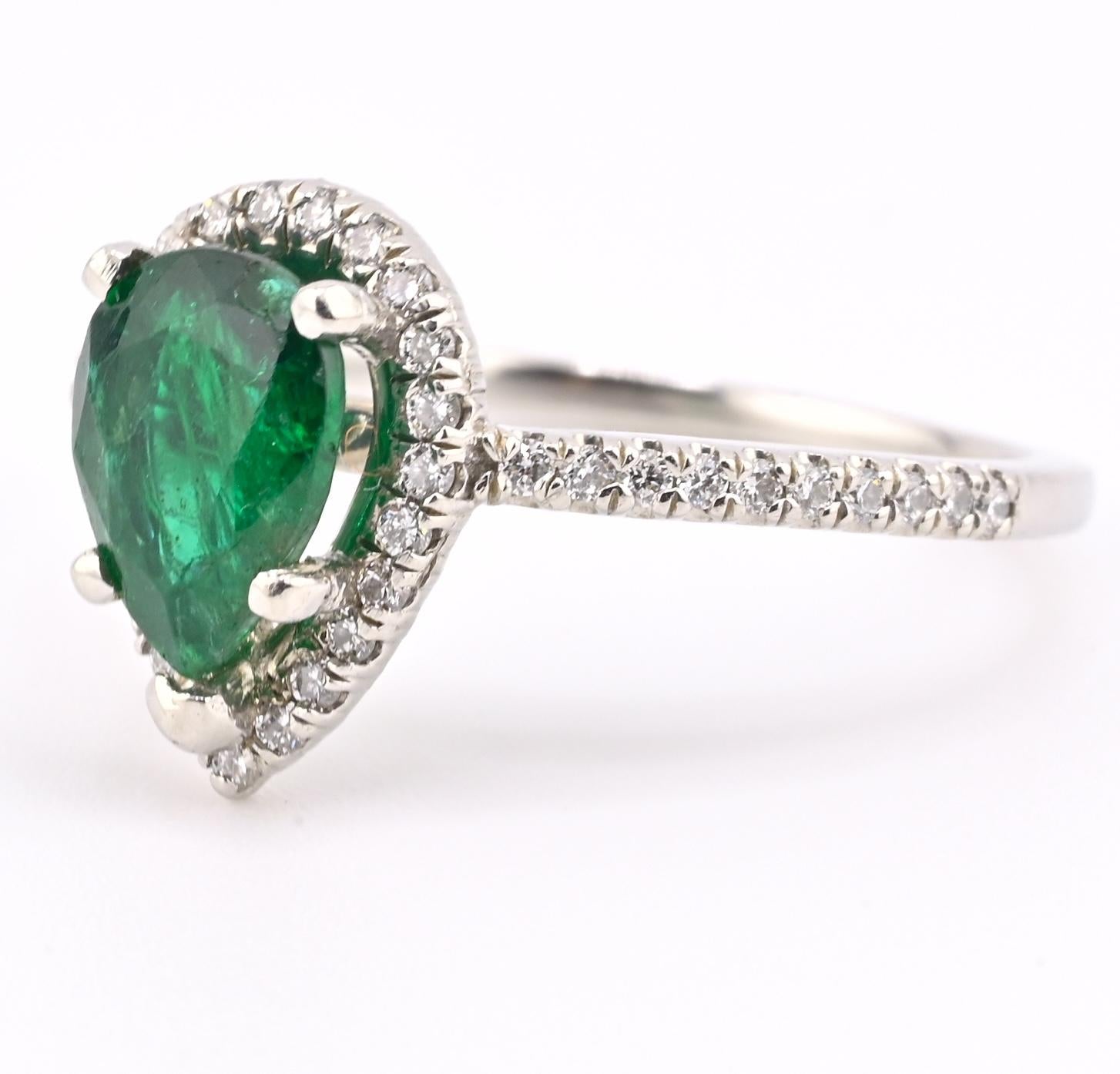 Platinum Pear Cut Emerald & Diamond Halo Ring 1.35ct Ring Size 6.5 IGI Certified