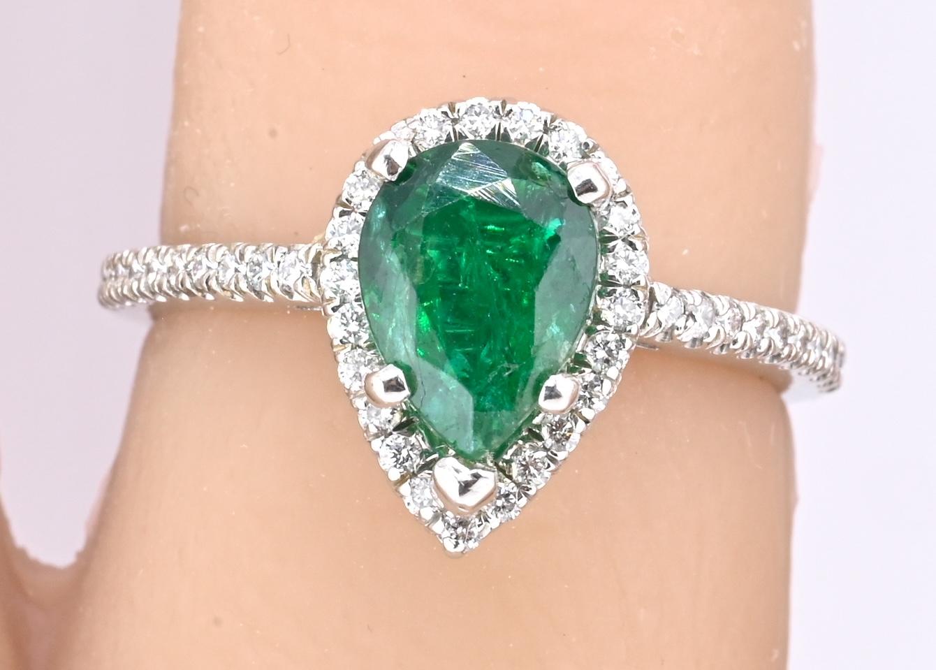 Platinum Pear Cut Emerald & Diamond Halo Ring 1.35ct Ring Size 6.5 IGI Certified