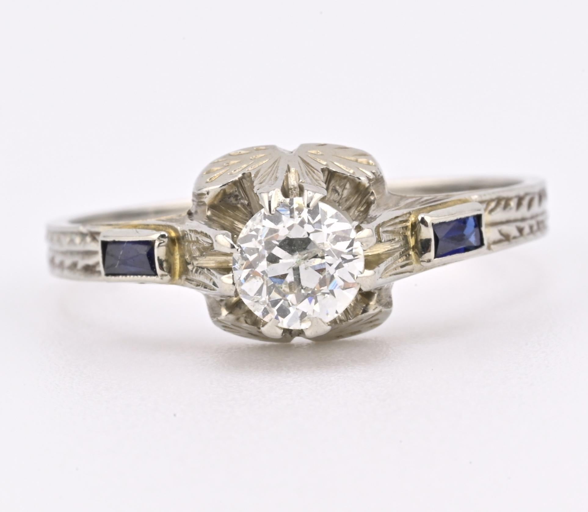 Art Deco 18K White Gold Diamond & Sapphire Ring 0.39ct Size 7 2.71 Grams