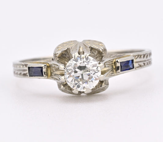 Art Deco 18K White Gold Diamond & Sapphire Ring 0.39ct Size 7 2.71 Grams