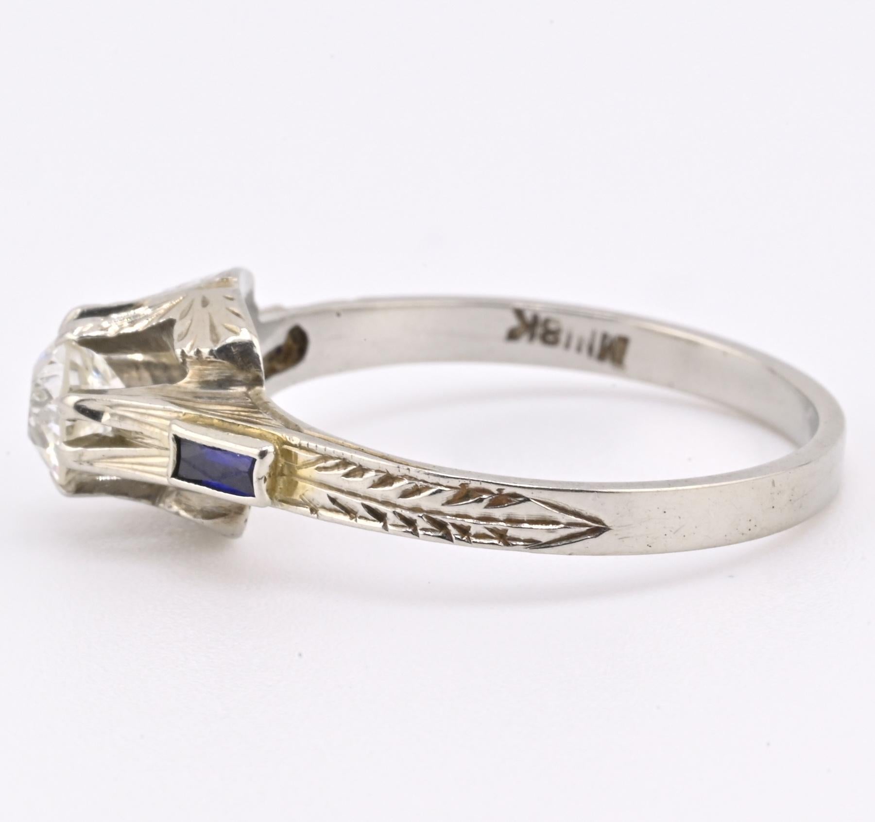 Art Deco 18K White Gold Diamond & Sapphire Ring 0.39ct Size 7 2.71 Grams