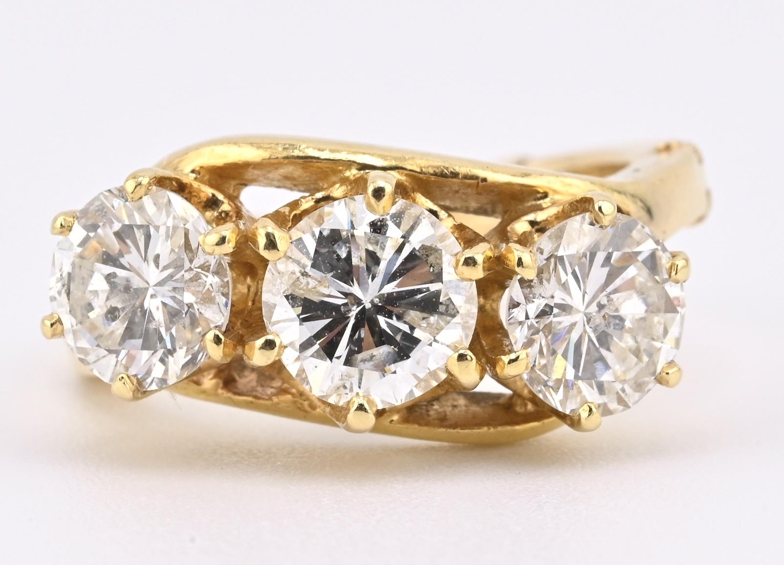 IGI Certified 14K Yellow Gold 3-Stone Diamond Ring 2.25ctw Ring Size 4.25