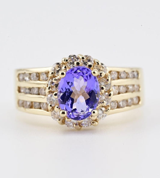 14K Yellow Gold Tanzanite & Diamond Halo Ring Oval Tanzanite Ring Size 7.75
