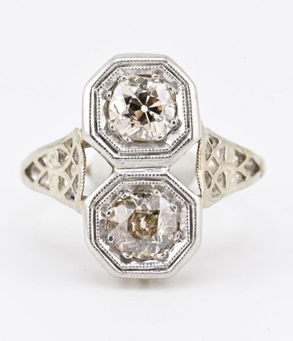 Art Deco Platinum & White Gold Two-Stone Diamond Ring 1.00ctw SI2-I1 6.75