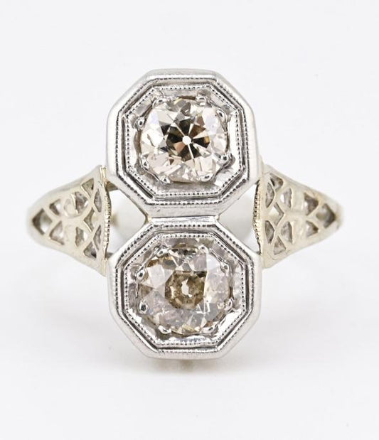 Art Deco Platinum & White Gold Two-Stone Diamond Ring 1.00ctw SI2-I1 6.75