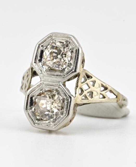 Art Deco Platinum & White Gold Two-Stone Diamond Ring 1.00ctw SI2-I1 6.75