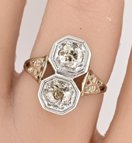 Art Deco Platinum & White Gold Two-Stone Diamond Ring 1.00ctw SI2-I1 6.75