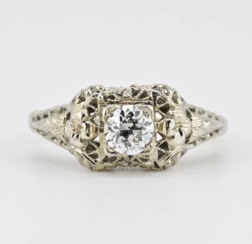 IGI Certified Art Deco 18K White Gold Diamond Ring Size 5.25