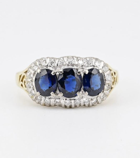 14K Yellow Gold Sapphire & Diamond Ring | Natural Oval Blue Sapphires