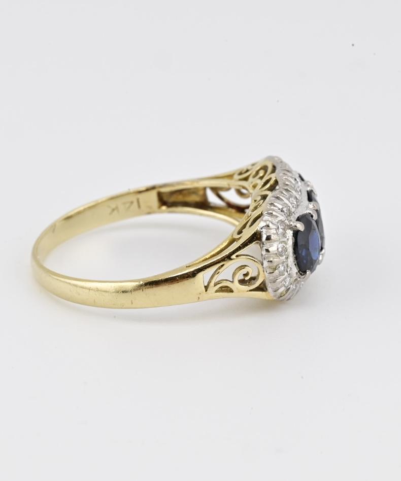 14K Yellow Gold Sapphire & Diamond Ring | Natural Oval Blue Sapphires