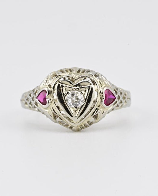 IGI Certified 18K White Gold Heart Ruby & Diamond Ring Size 6.5