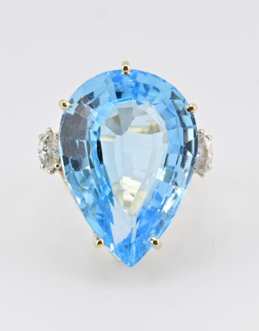 Massive Blue Topaz Ring 14K Yellow Gold 15.70g w/ Side Diamonds Size 9