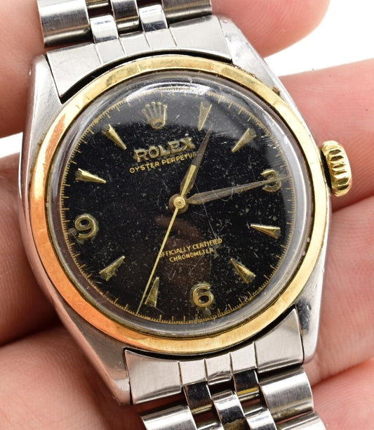 Rolex Oyster Perpetual 6085 Black Dial Stainless Steel & Gold Bezel Automatic Wa