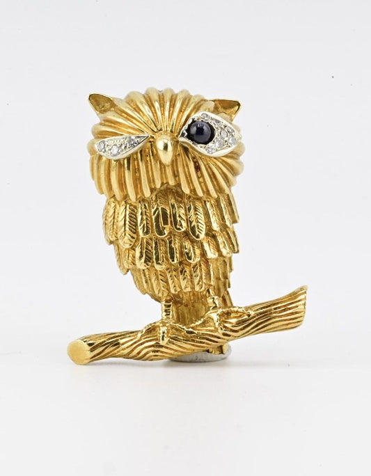 18K Solid Yellow Gold Owl Brooch 19.09g Diamond Eyes Marked 18K