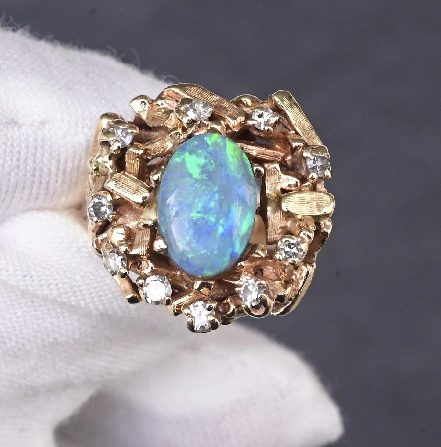 14K Yellow Gold Brutalist Opal & Diamond Ring 9.96g Size 6.5 10×7mm Opal