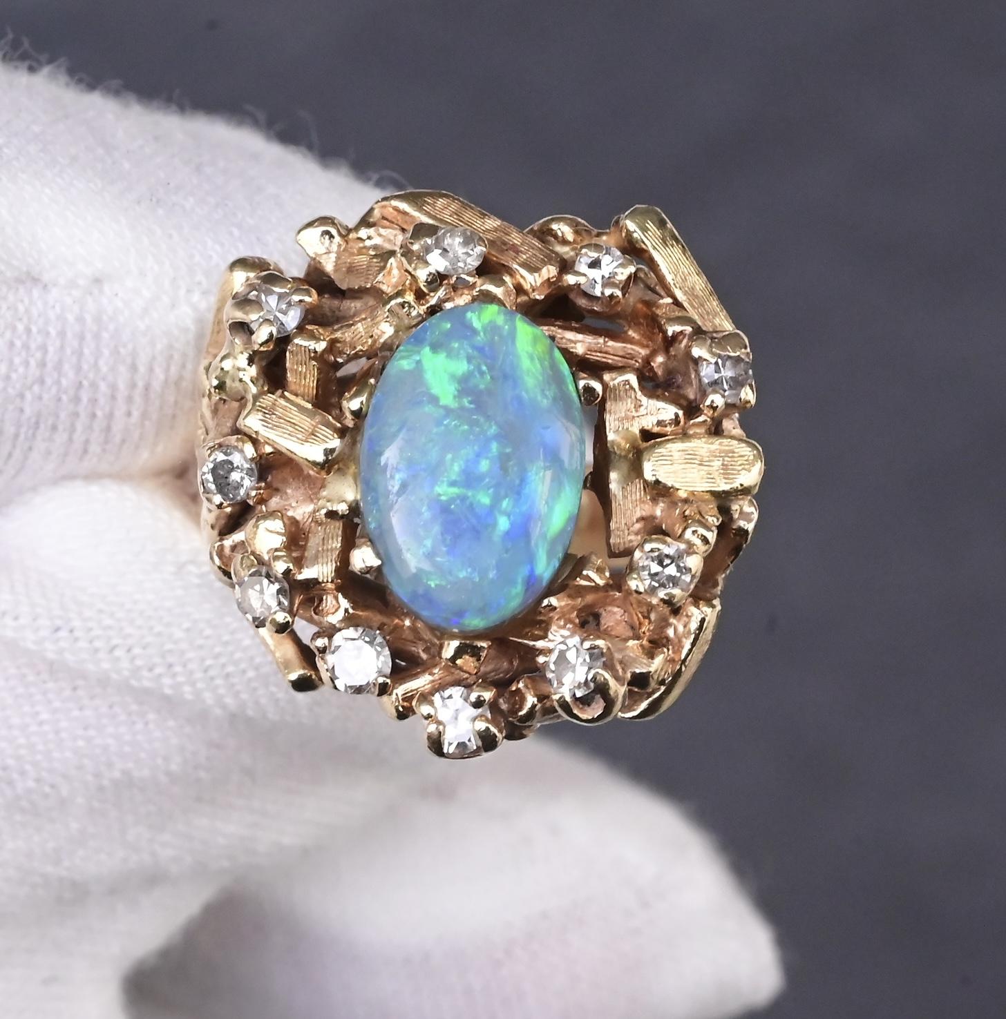 14K Yellow Gold Brutalist Opal & Diamond Ring 9.96g Size 6.5 10×7mm Opal