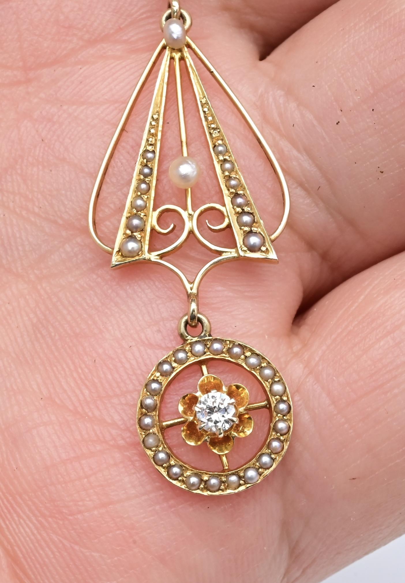 IGI Certified 14K Yellow Gold Pearl Pendant Necklace w/ Natural Diamond