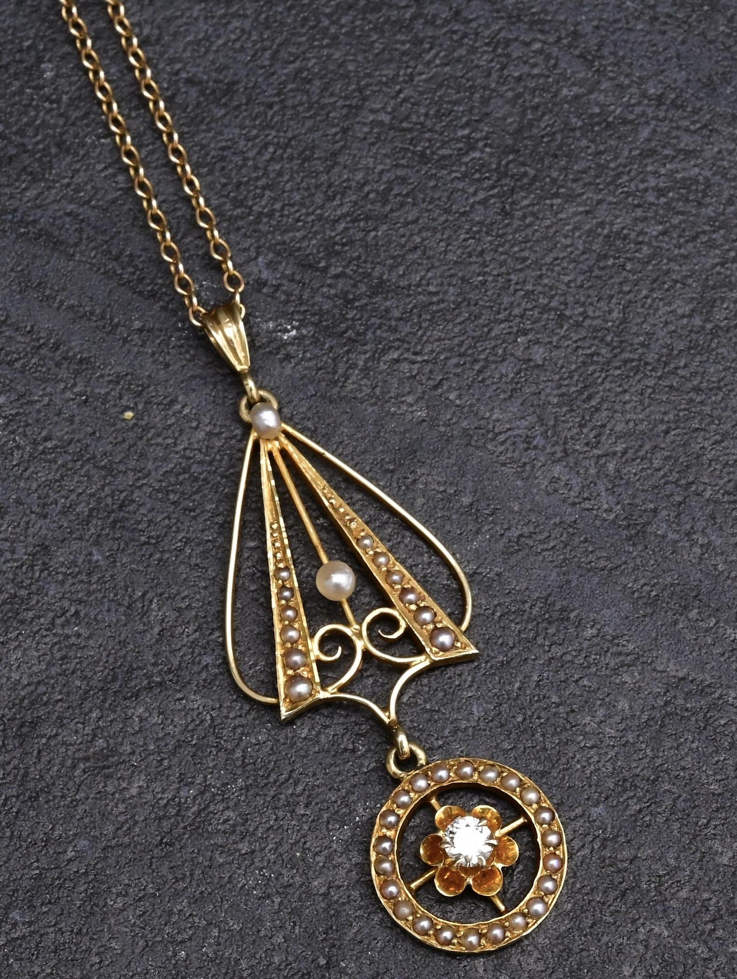 IGI Certified 14K Yellow Gold Pearl Pendant Necklace w/ Natural Diamond